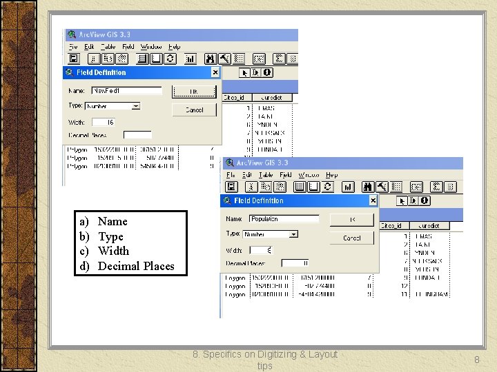 a) b) c) d) Name Type Width Decimal Places 8. Specifics on Digitizing &