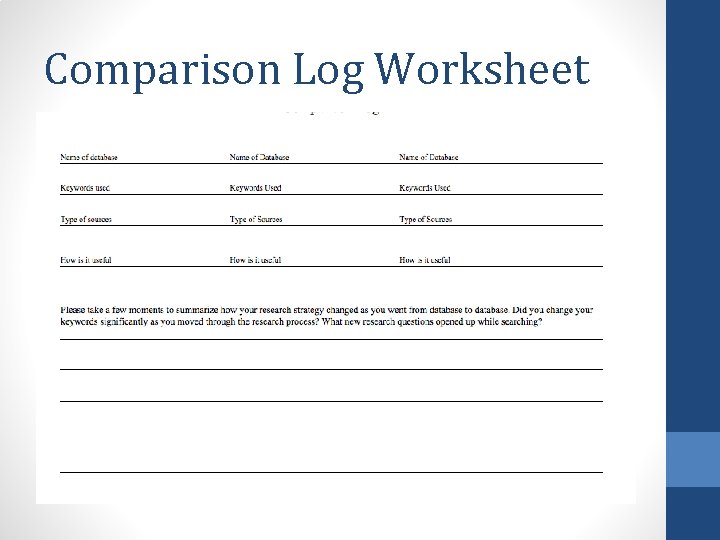 Comparison Log Worksheet 