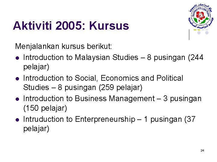 Aktiviti 2005: Kursus Menjalankan kursus berikut: l Introduction to Malaysian Studies – 8 pusingan