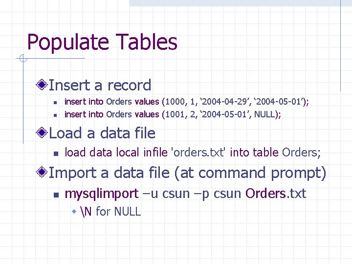 Populate Tables Insert a record n n insert into Orders values (1000, 1, ‘ Populate Tables Insert a record n n insert into Orders values (1000, 1, ‘