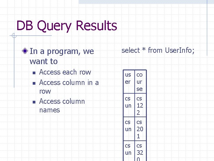 DB Query Results In a program, we want to n n n Access each DB Query Results In a program, we want to n n n Access each