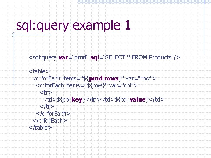 sql: query example 1 <sql: query var="prod" sql="SELECT * FROM Products"/> <table> <c: for. sql: query example 1 <sql: query var="prod" sql="SELECT * FROM Products"/> <table> <c: for.