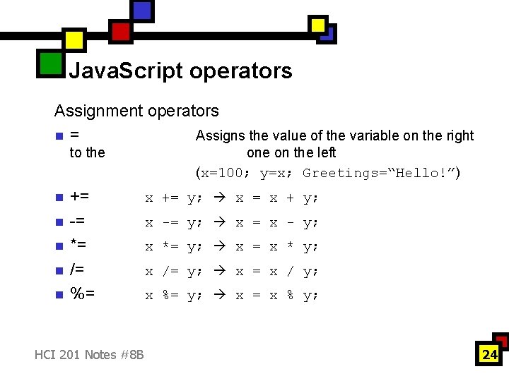 Java. Script operators Assignment operators n = Assigns the value of the variable on