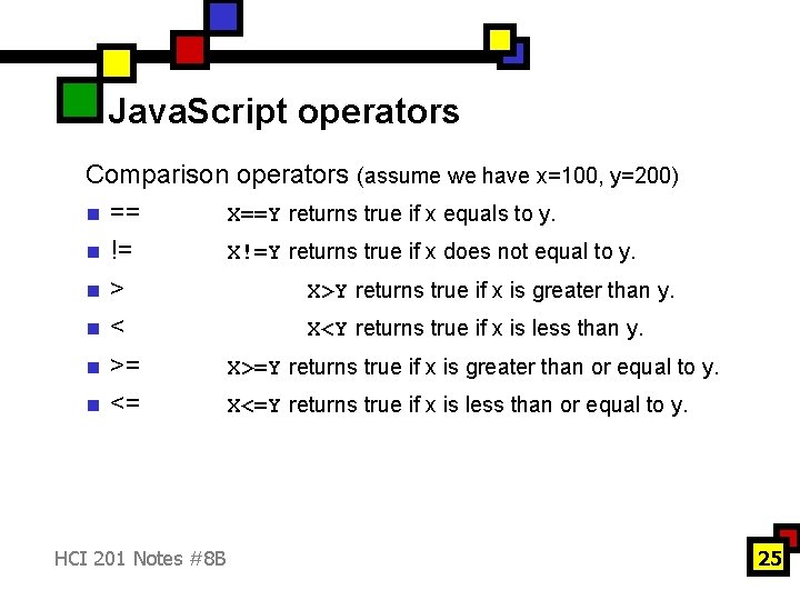 Java. Script operators Comparison operators (assume we have x=100, y=200) n == X==Y returns