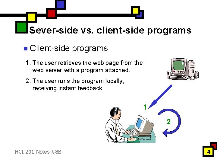 Sever-side vs. client-side programs n Client-side programs 1. The user retrieves the web page