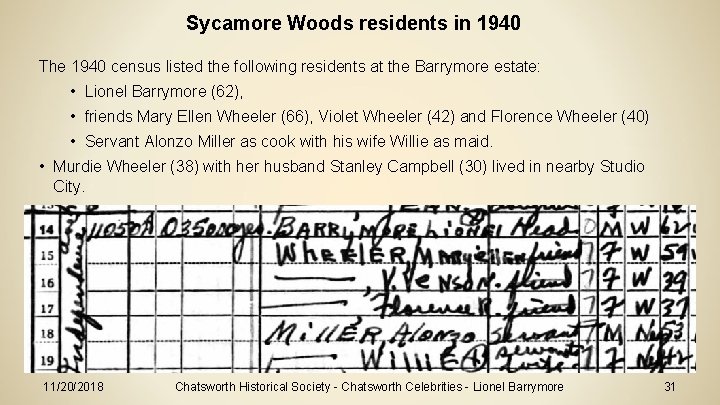 Sycamore Woods residents in 1940 The 1940 census listed the following residents at the