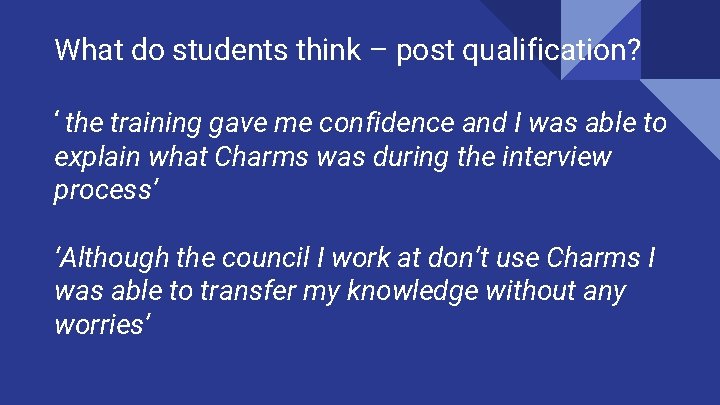 What do students think – post qualification? ‘ the training gave me confidence and