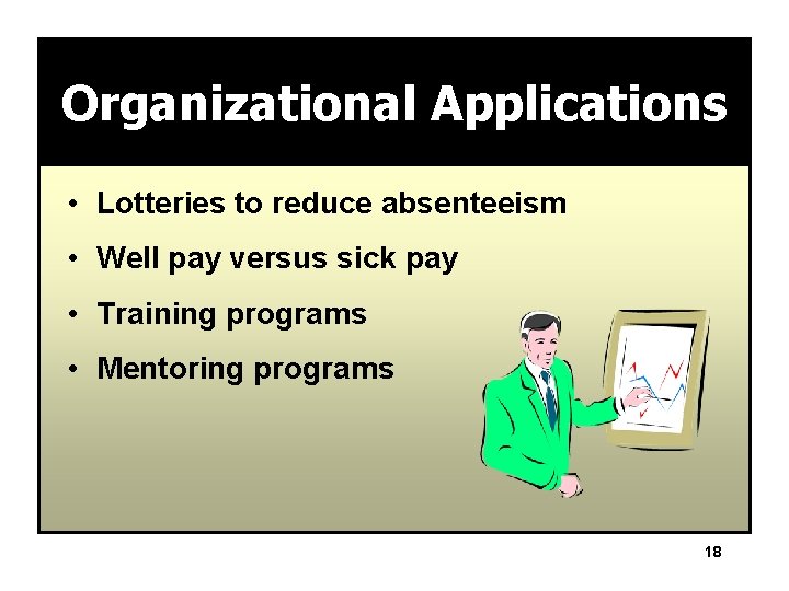 Organizational Applications • Lotteries to reduce absenteeism • Well pay versus sick pay •