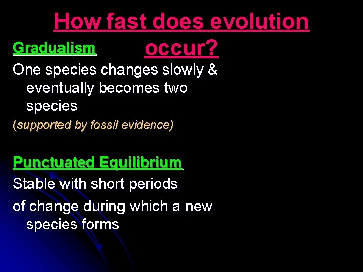 How fast does evolution Gradualism occur? One species changes slowly & eventually becomes two