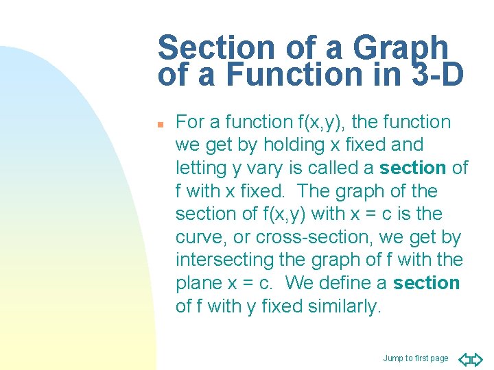 Section of a Graph of a Function in 3 -D n For a function Section of a Graph of a Function in 3 -D n For a function