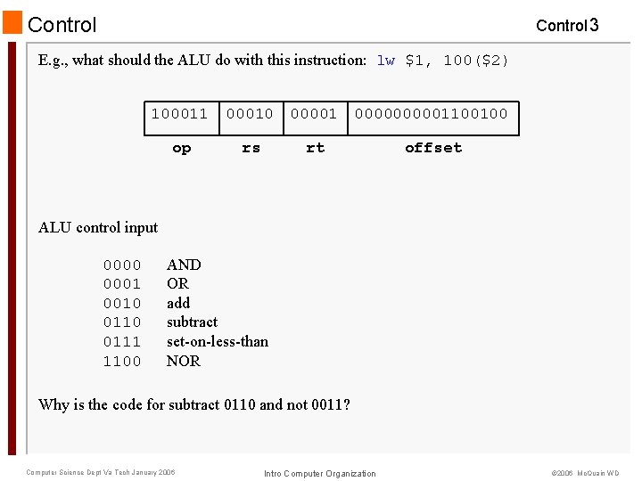 Control 3 E. g. , what should the ALU do with this instruction: lw