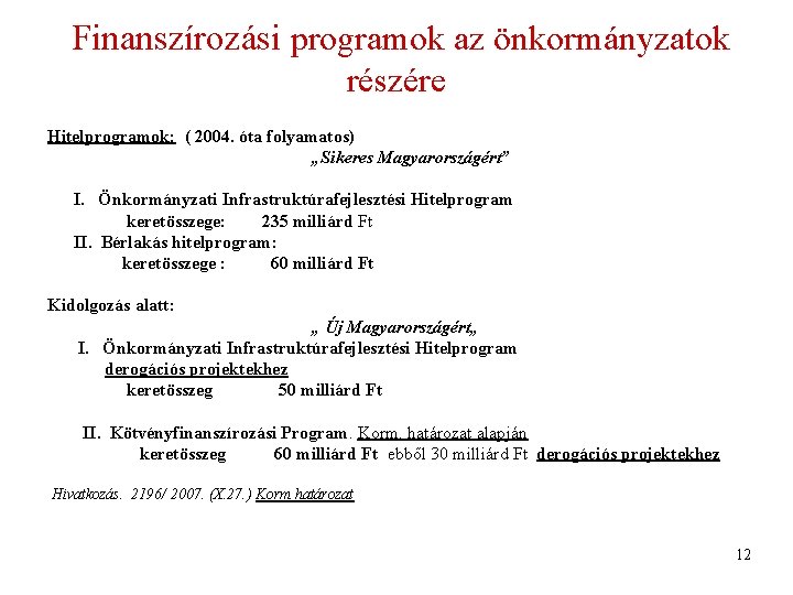 Finanszírozási programok az önkormányzatok részére Hitelprogramok: ( 2004. óta folyamatos) „Sikeres Magyarországért” I. Önkormányzati Finanszírozási programok az önkormányzatok részére Hitelprogramok: ( 2004. óta folyamatos) „Sikeres Magyarországért” I. Önkormányzati