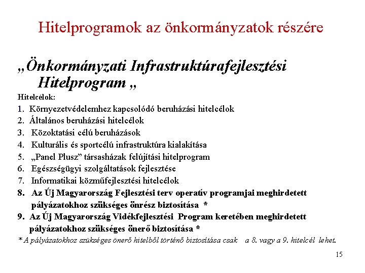 Hitelprogramok az önkormányzatok részére „Önkormányzati Infrastruktúrafejlesztési Hitelprogram „ Hitelcélok: 1. 2. 3. 4. 5. Hitelprogramok az önkormányzatok részére „Önkormányzati Infrastruktúrafejlesztési Hitelprogram „ Hitelcélok: 1. 2. 3. 4. 5.