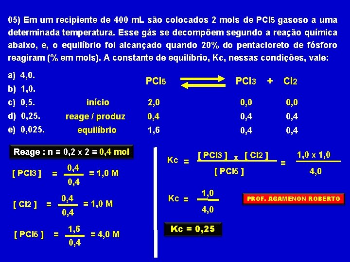 05) Em um recipiente de 400 m. L são colocados 2 mols de PCl