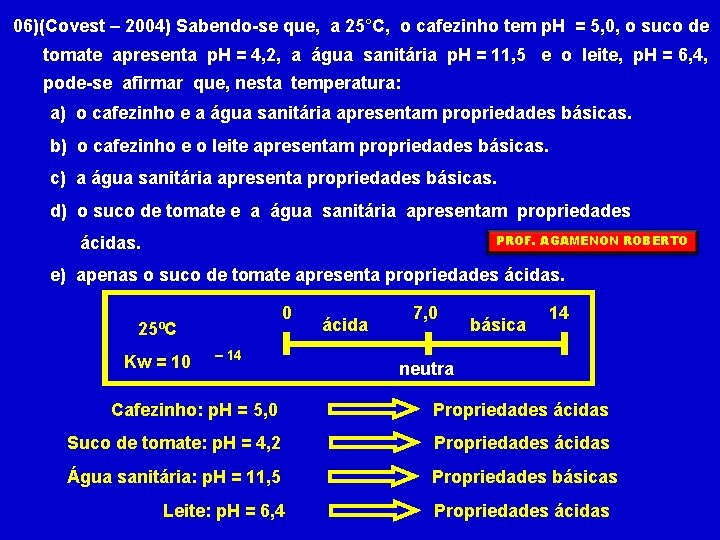 06)(Covest – 2004) Sabendo-se que, a 25°C, o cafezinho tem p. H = 5,