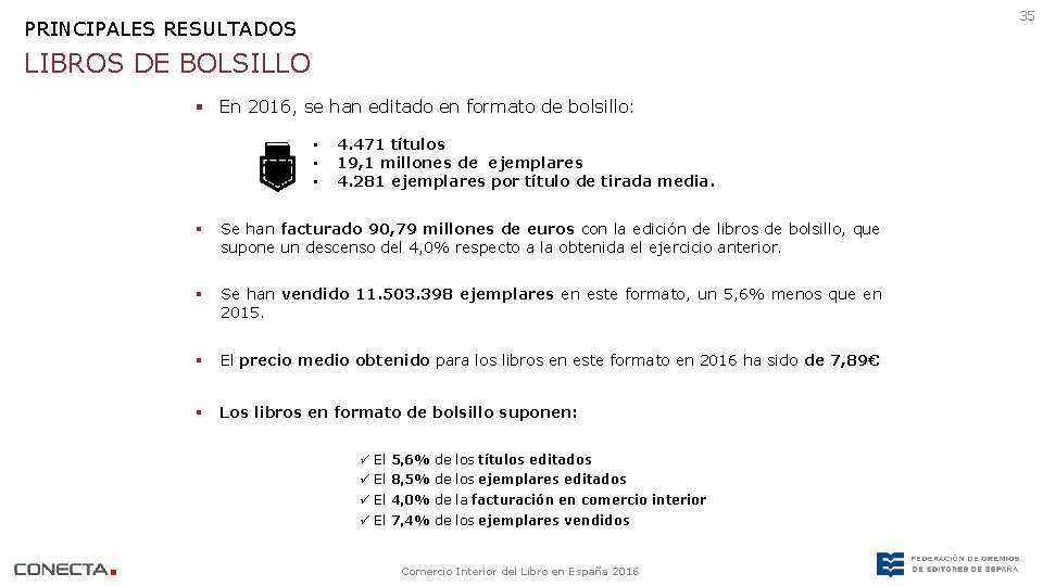 35 PRINCIPALES RESULTADOS LIBROS DE BOLSILLO § En 2016, se han editado en formato