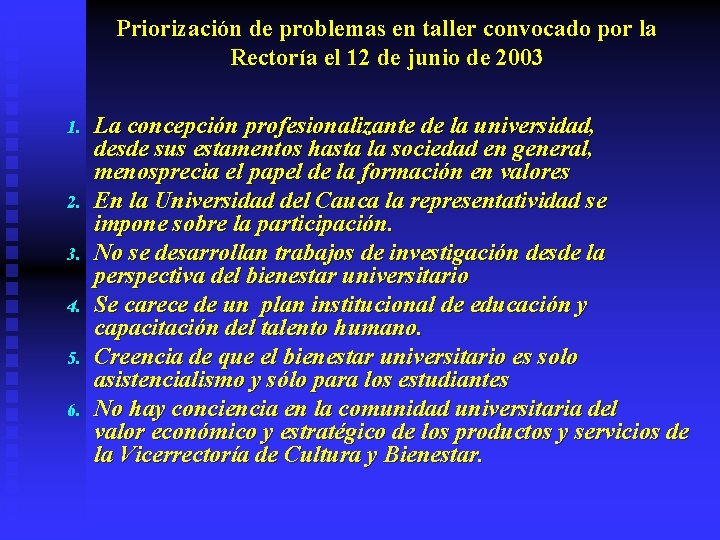 Priorización de problemas en taller convocado por la Rectoría el 12 de junio de