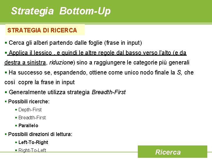 Strategia Bottom-Up STRATEGIA DI RICERCA § Cerca gli alberi partendo dalle foglie (frase in
