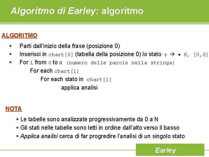 Algoritmo di Earley: algoritmo ALGORITMO § § § Parti dall’inizio della frase (posizione 0)