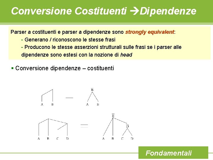 Conversione Costituenti Dipendenze Parser a costituenti e parser a dipendenze sono strongly equivalent: -