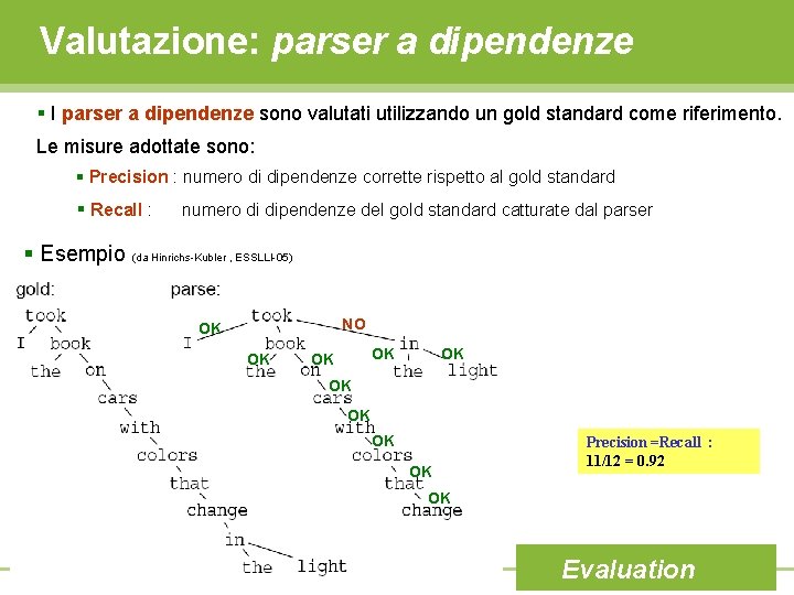 Valutazione: parser a dipendenze § I parser a dipendenze sono valutati utilizzando un gold