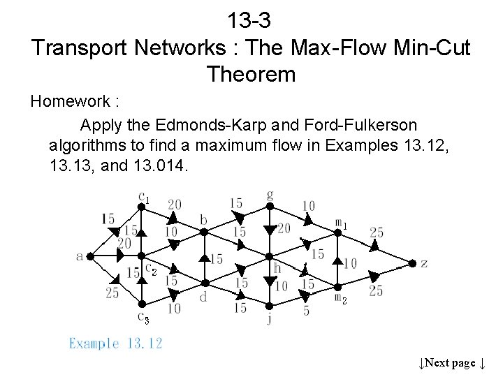 13 -3 Transport Networks : The Max-Flow Min-Cut Theorem Homework : Apply the Edmonds-Karp