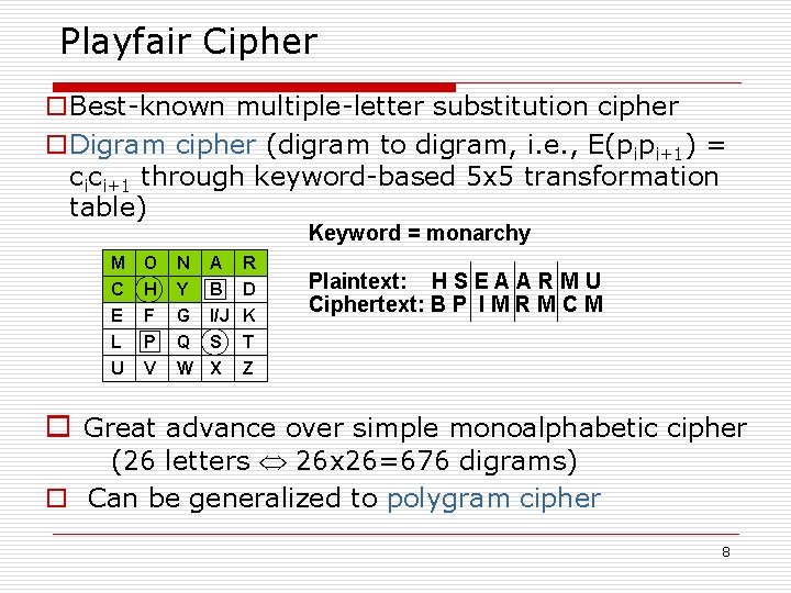 Playfair Cipher o. Best-known multiple-letter substitution cipher o. Digram cipher (digram to digram, i. Playfair Cipher o. Best-known multiple-letter substitution cipher o. Digram cipher (digram to digram, i.