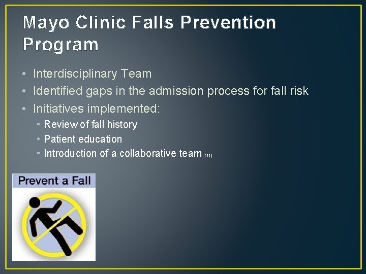 Mayo Clinic Falls Prevention Program • Interdisciplinary Team • Identified gaps in the admission
