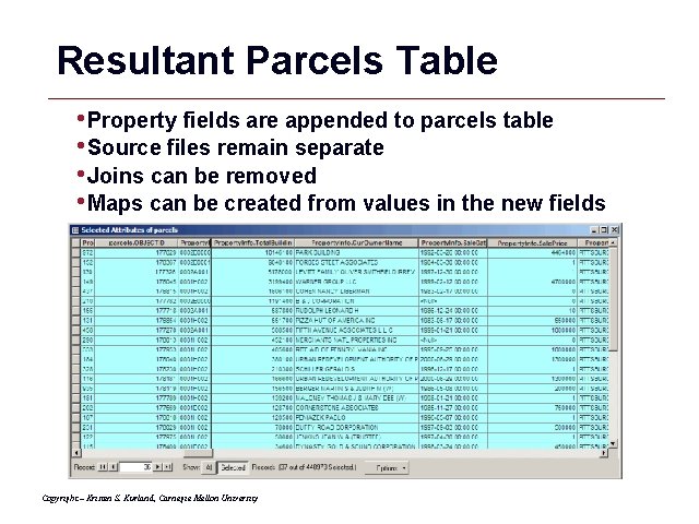 Resultant Parcels Table • Property fields are appended to parcels table • Source files