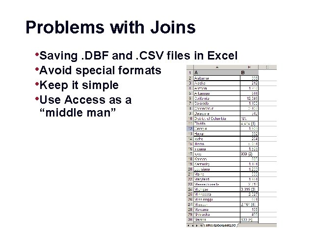 Problems with Joins • Saving. DBF and. CSV files in Excel • Avoid special