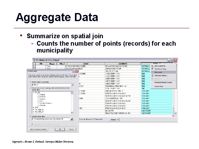 Aggregate Data • Summarize on spatial join - Counts the number of points (records)