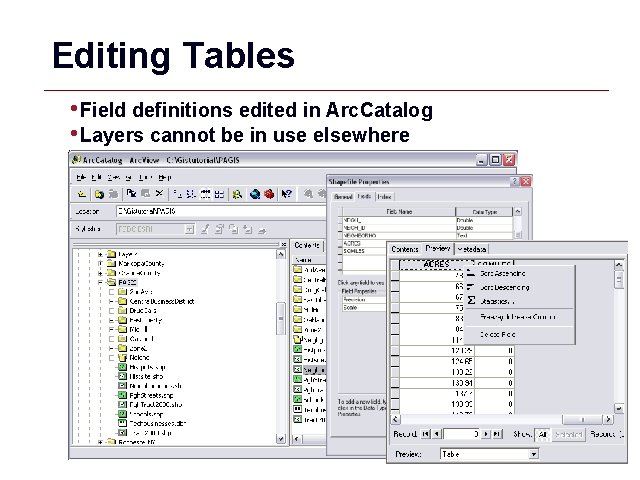 Editing Tables • Field definitions edited in Arc. Catalog • Layers cannot be in