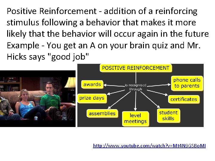 Positive Reinforcement - addition of a reinforcing stimulus following a behavior that makes it