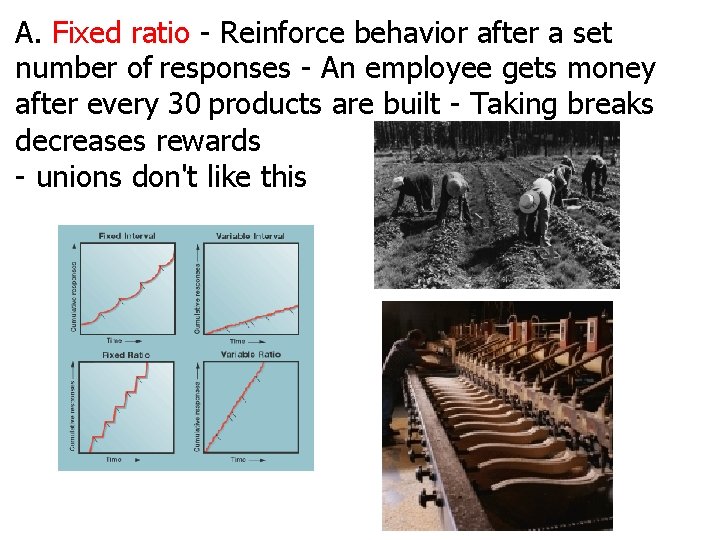 A. Fixed ratio - Reinforce behavior after a set number of responses - An