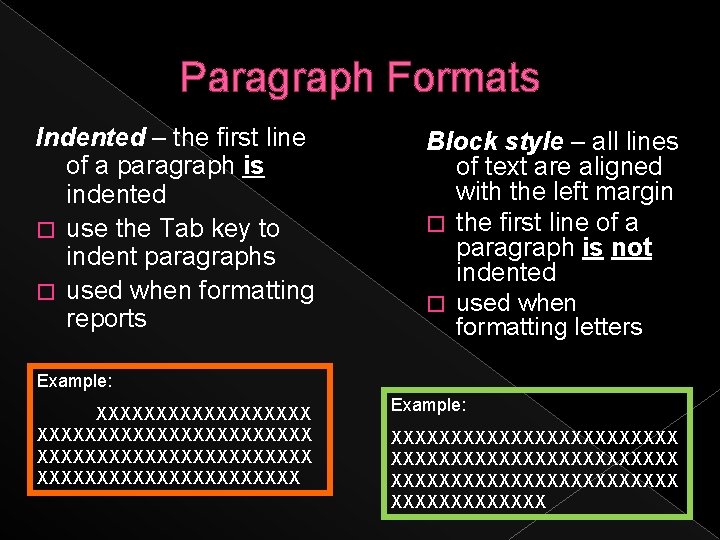Paragraph Formats Indented – the first line of a paragraph is indented � use