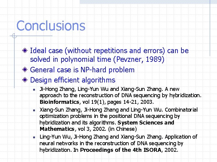 Conclusions Ideal case (without repetitions and errors) can be solved in polynomial time (Pevzner,