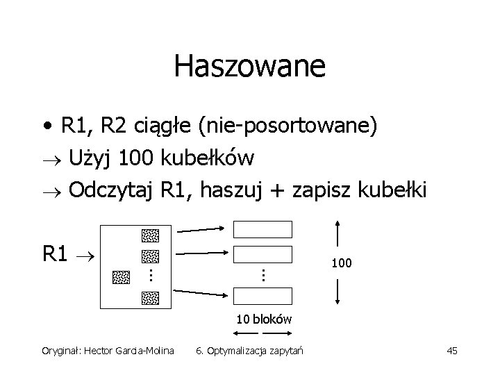 Haszowane • R 1, R 2 ciągłe (nie-posortowane) Użyj 100 kubełków Odczytaj R 1,