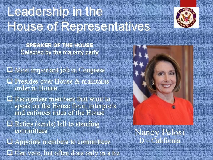 Leadership in the House of Representatives SPEAKER OF THE HOUSE Selected by the majority