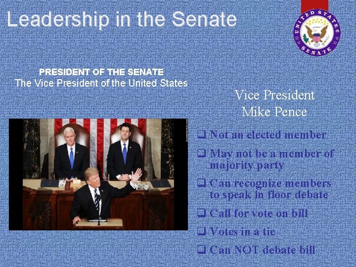 Leadership in the Senate PRESIDENT OF THE SENATE The Vice President of the United