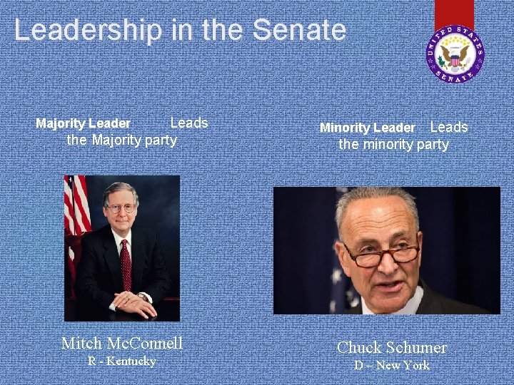 Leadership in the Senate Leads the Majority party Majority Leader Mitch Mc. Connell R