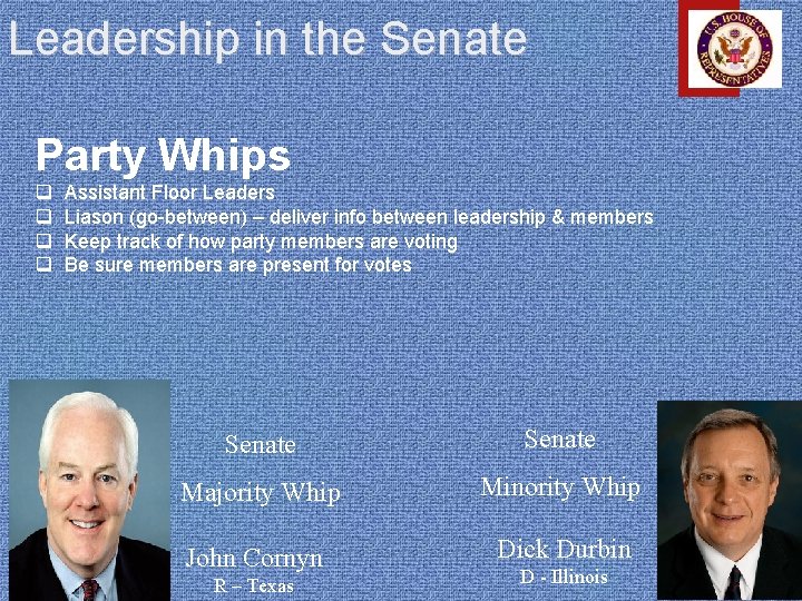 Leadership in the Senate Party Whips q q Assistant Floor Leaders Liason (go-between) –