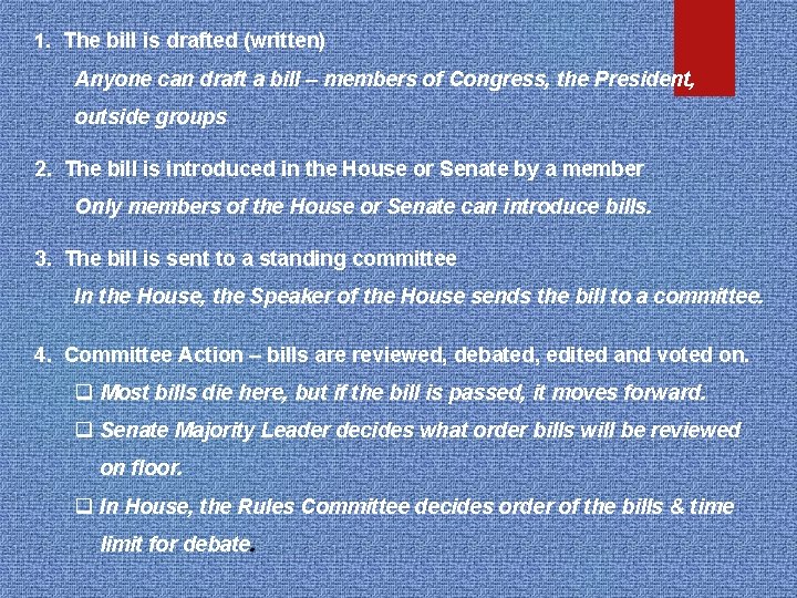 1. The bill is drafted (written) Anyone can draft a bill – members of