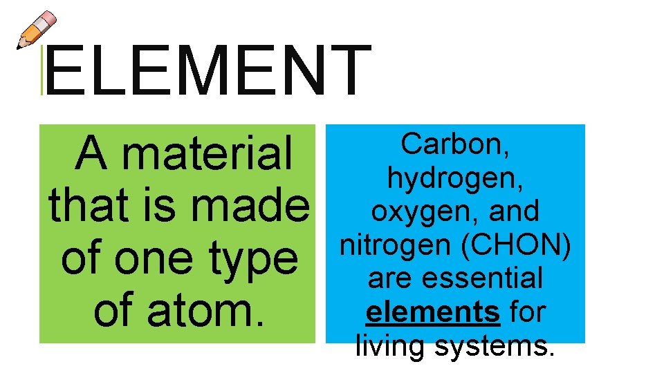 ELEMENT A material that is made of one type of atom. Carbon, hydrogen, oxygen, ELEMENT A material that is made of one type of atom. Carbon, hydrogen, oxygen,