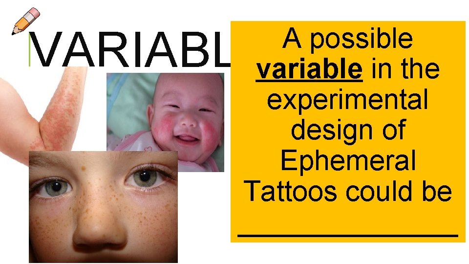 A possible variable in the experimental design of Ephemeral Tattoos could be ______________ VARIABLE A possible variable in the experimental design of Ephemeral Tattoos could be ______________ VARIABLE