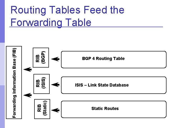 RIB (BGP) RIB (ISIS) RIB (Static) Forwarding Information Base (FIB) Routing Tables Feed the