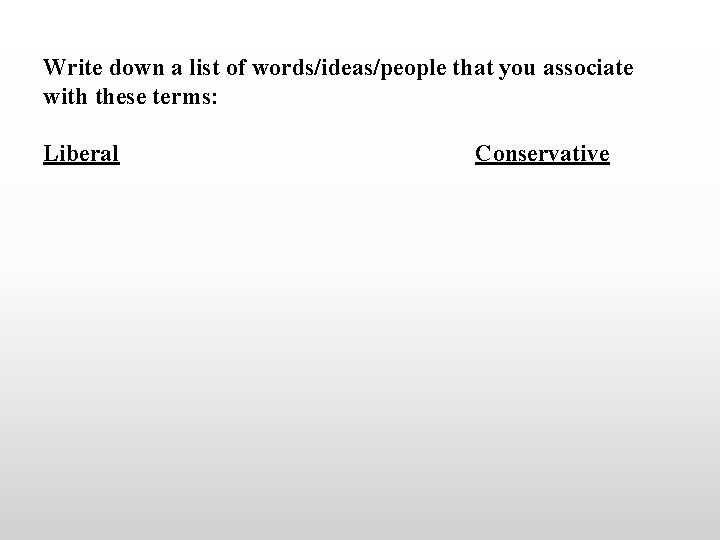 Write down a list of words/ideas/people that you associate with these terms: Liberal Conservative