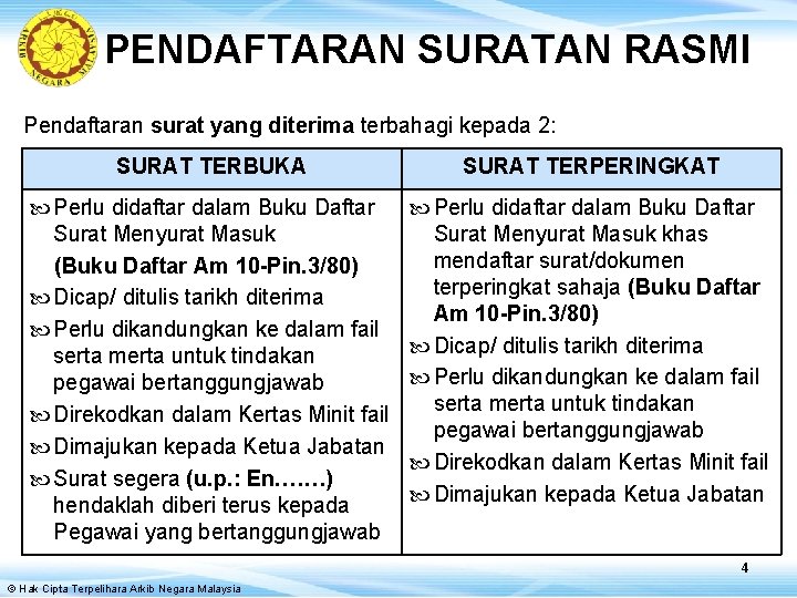 PENDAFTARAN SURATAN RASMI Pendaftaran surat yang diterima terbahagi kepada 2: SURAT TERBUKA SURAT TERPERINGKAT