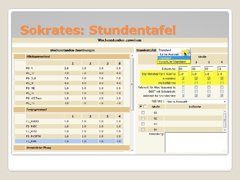 Sokrates: Stundentafel Fachbezeichnungen Abwählen und Weiterführen 