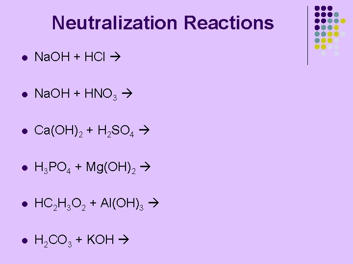 Neutralization Reactions l Na. OH + HCl l Na. OH + HNO 3 l