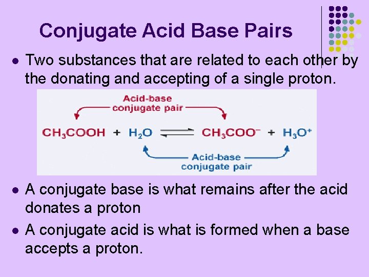 Conjugate Acid Base Pairs l Two substances that are related to each other by